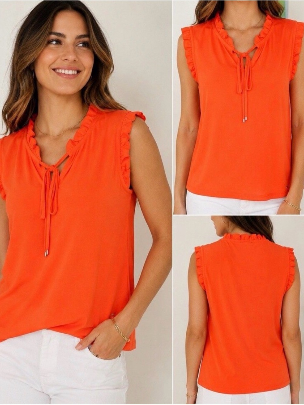 Tommy Hilfiger Orange Flutter Sleeve Ruffled Tie-Neck Women's Top Suze XL - Picture 2 of 9